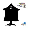 Chalkboard magnetic board for kids in a house shape with a window and colorful characters.