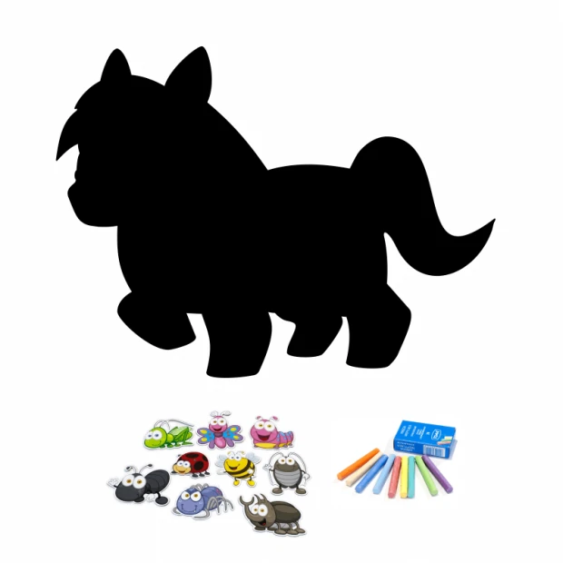 Chalkboard magnetic board for kids with a horse design and colorful magnet shapes.