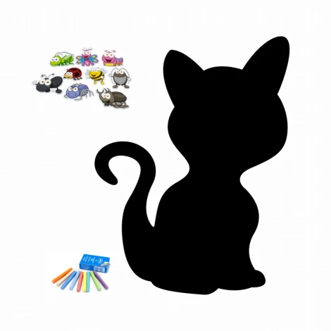 Magnetic chalkboard for kids, Cat 230 - Features a cat silhouette with colorful insect-shaped magnets.