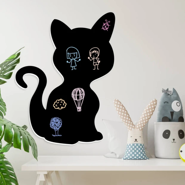 Magnetic chalkboard for kids, Cat 230 - Features a cat shape with children\'s drawings, clouds, and a balloon.