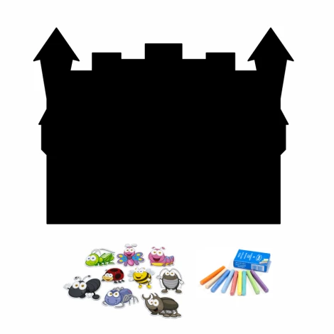 Chalkboard magnetic board for kids Castle 200 - Graphic design with towers, colorful insects, and crayons.