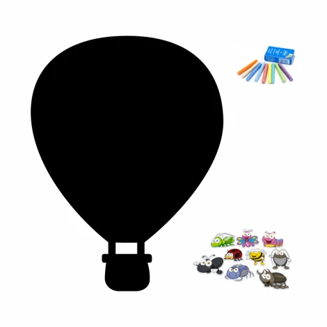 Chalkboard magnetic board for kids with a balloon design and colorful crayons.