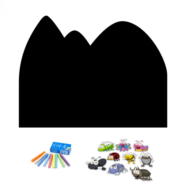 Chalkboard magnetic board for kids, Mountain design in black with colorful crayons and magnets.