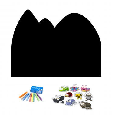 Chalkboard magnetic board for kids, Mountain design in black with colorful crayons and magnets.
