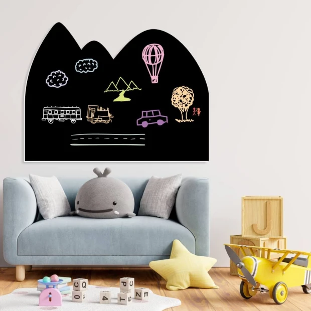 Chalkboard magnetic board for kids Mountains 285 - Decor in a bright-colored children\'s room with furniture.