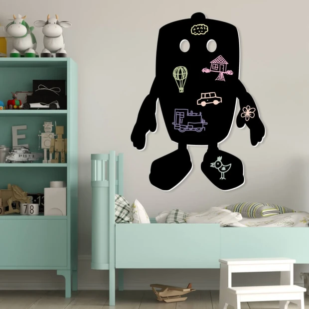 Chalkboard magnetic board for kids Robot 404 - Decor in a bright-colored children\'s room with furniture.