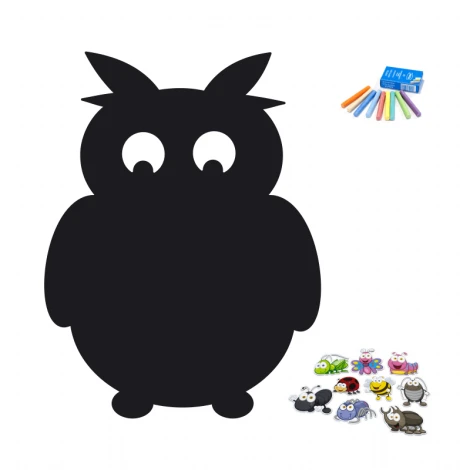 Chalkboard magnetic board for kids, owl design with big eyes, rounded shape, and short ears.
