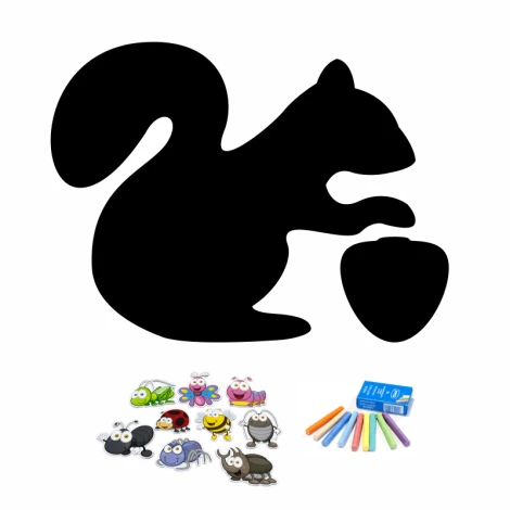 Chalkboard magnetic board for kids featuring a squirrel holding a nut and colorful designs.