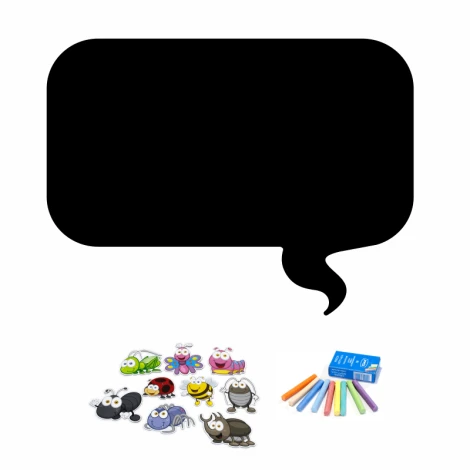 Chalkboard magnetic board for students, featuring insect shapes in various colors and crayons.