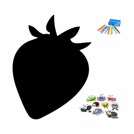 Chalkboard magnetic board for the kitchen, Strawberry 219 - Strawberry shape with insect elements and crayons.