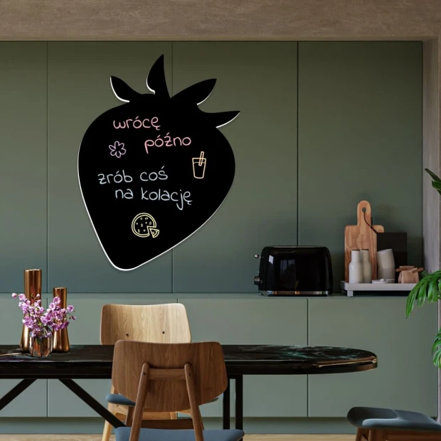 Chalkboard magnetic board for kitchen Strawberry 219 - Styled in a green-themed kitchen with modern furniture.