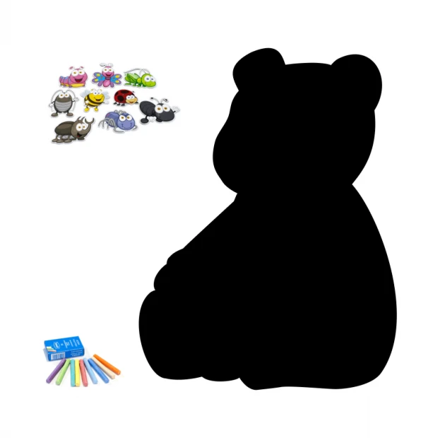 Chalkboard magnetic board for kids\' room Bear 268 - Bear shape with colorful characters and crayons design.