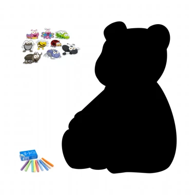 Chalkboard magnetic board for kids\' room Bear 268 - Bear shape with colorful characters and crayons design.