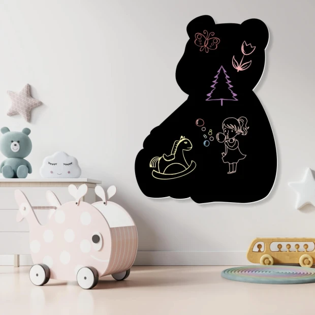 Chalkboard magnetic board for kids\' room Bear 268 - Decorated with light-colored walls and furniture.