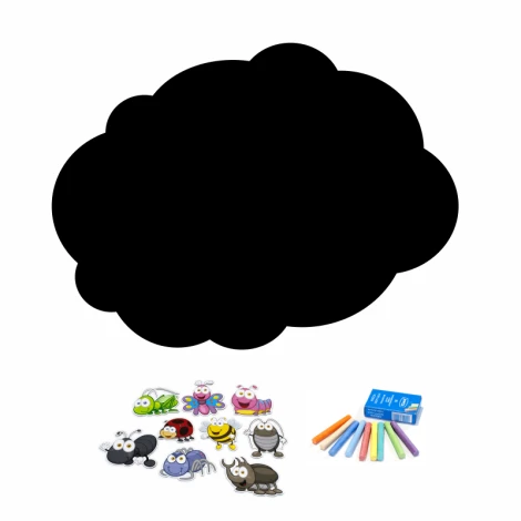Chalkboard magnetic board for kids\' room Cloud 370 - Black cloud design with colorful magnets.