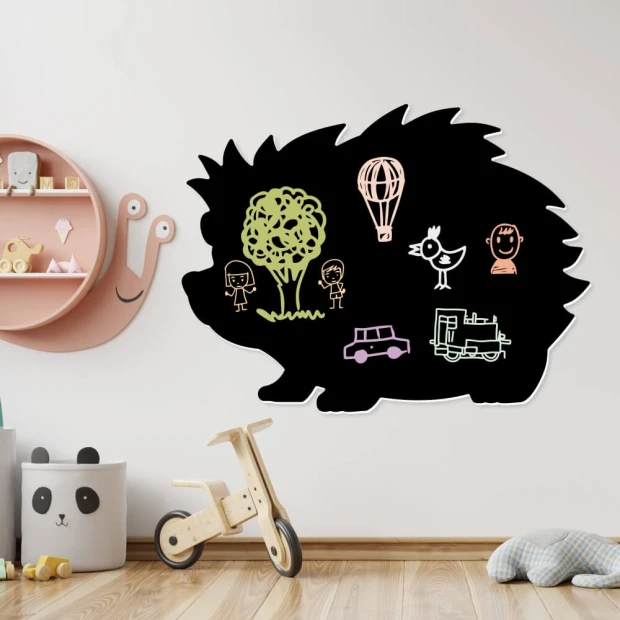 Chalkboard magnetic board for kids\' room Hedgehog 263 - Brightly colored walls, wooden decor.