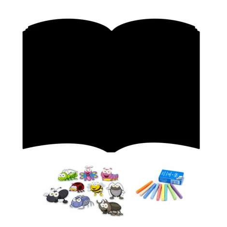 Chalkboard magnetic board for students\' room, Book 342 - Open book design with colorful magnets.