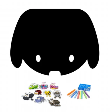 Chalkboard magnetic board Dog 242 - Dog head design with eyes and nose, alongside colorful magnets and crayons.