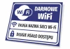 Free WiFi sign with fields for access data - Rectangular design with blue background and white text.