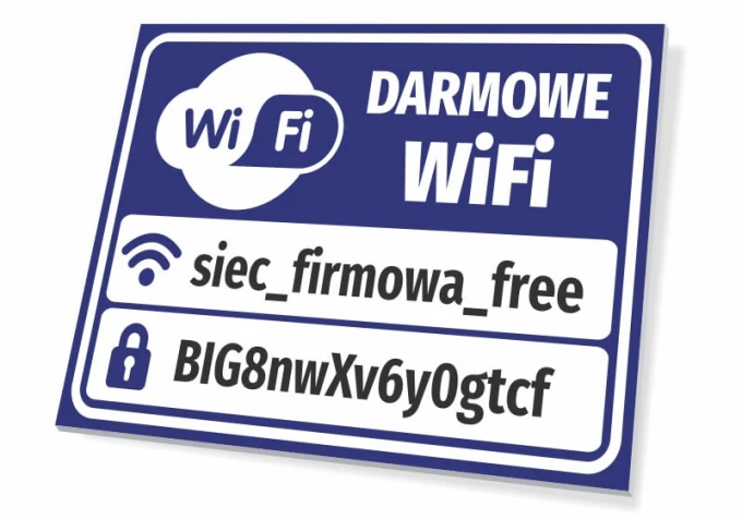 Free WiFi sign with fields for access details - Graphic design featuring a blue background, white text, and icons.