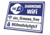 Free WiFi sign with fields for access details - Graphic design featuring a blue background, white text, and icons.