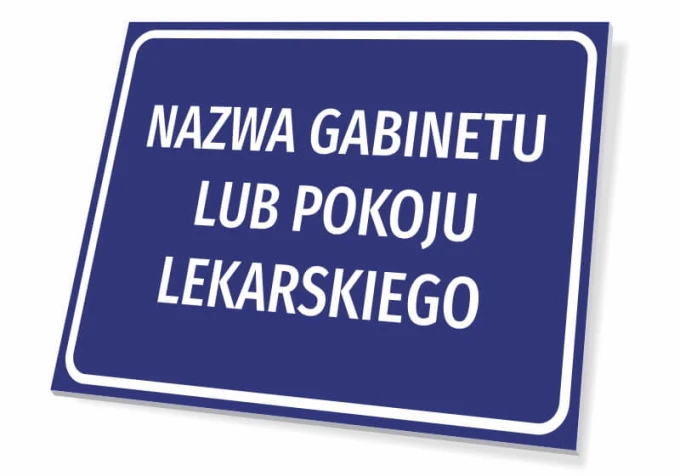 Office nameplate for medical room, rectangular with blue background and white graphic design.