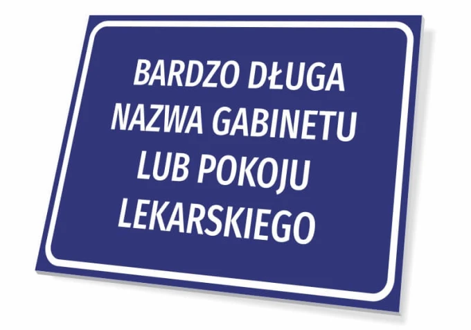 Office nameplate for medical room with graphic design. Rectangular sign with blue background and white text.