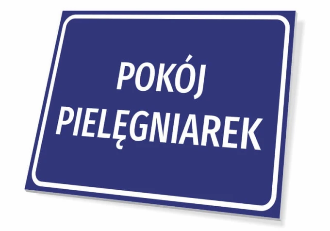 Office nameplate for medical room, rectangular with blue background and white graphic design.