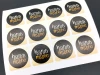 Custom adhesive label - Graphic design. Round stickers with "hand made" text in black and gold.