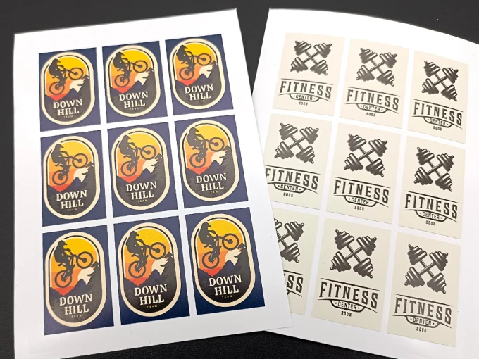 Custom printed self-adhesive label - Graphic design. Square stickers featuring a cyclist and text.