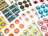 Custom printed self-adhesive label - Graphic design. Features various shapes like circles and squares.