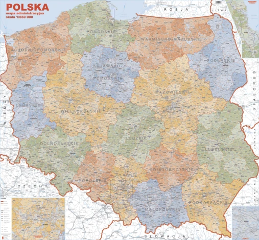 Magnetic administrative map of Poland with colorful boundaries of provinces.