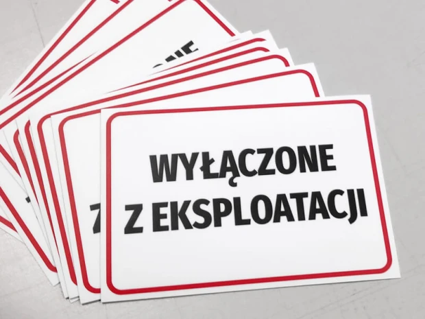 Out of Service Sticker - Rectangular design with large black letters on a white background. Red accents.