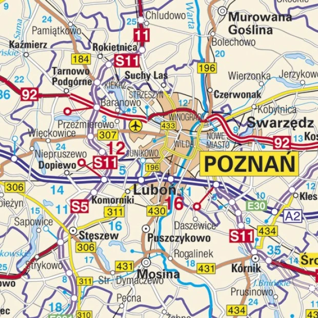 Magnetic administrative road map of Poland featuring roads, cities, and route numbers.