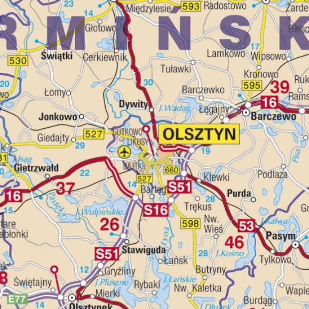Magnetic administrative road map of Poland featuring roads, rivers, and towns in a graphic design.