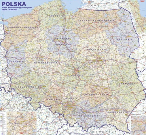 Magnetic administrative road map of Poland featuring outlines and divisions.