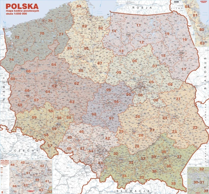 Magnetic overlay of Polish postal codes - graphic design. Map divided by regions with borders and color shades.