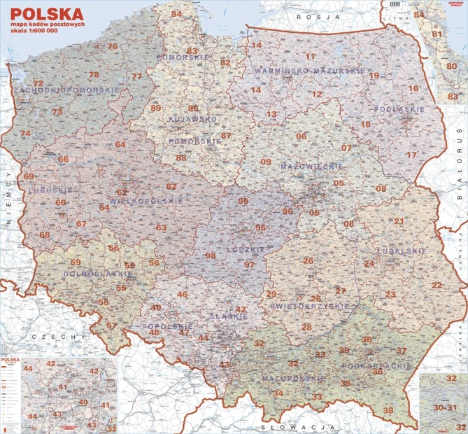 Magnetic overlay of Polish postal codes - Graphic design. Map divided by regions with postal code numbers.