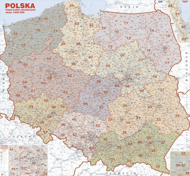 Magnetic overlay of Polish postal codes - Graphic design. Map shows province borders and postal code numbers.