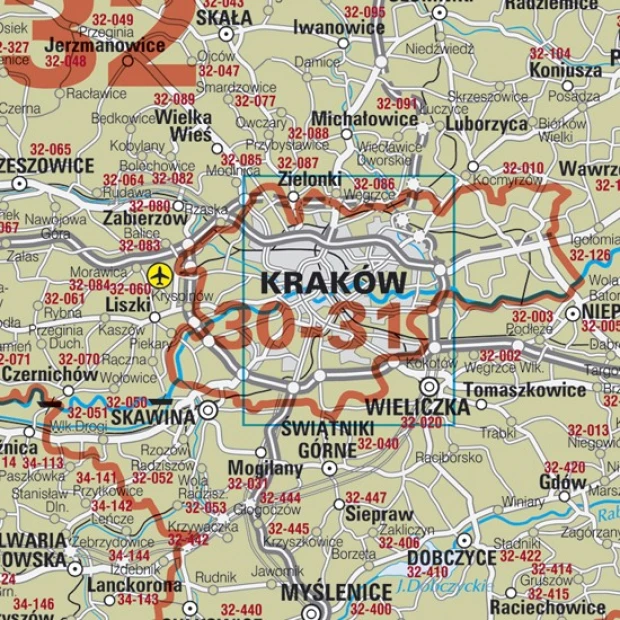 Magnetic overlay of Polish postal codes - graphic design. Map with city boundaries and postal codes.