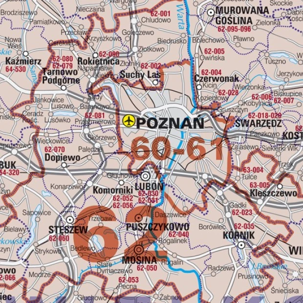 Magnetic overlay of Polish postal codes - Graphic design. Map with clear city borders and postal codes.