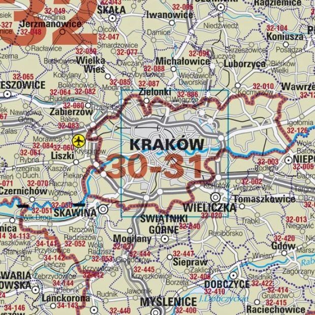 Magnetic overlay of Polish postal codes - Graphic design. Map with city borders and postal codes in various colors.