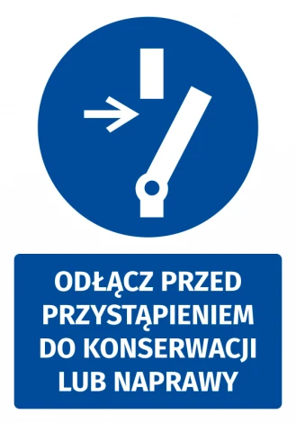 Safety sticker with a disconnect icon before maintenance or repair - Round blue symbol.