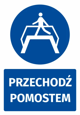 Safety sticker with a pictogram for "Cross the walkway" - round blue sign featuring a white figure walking on a walkway.