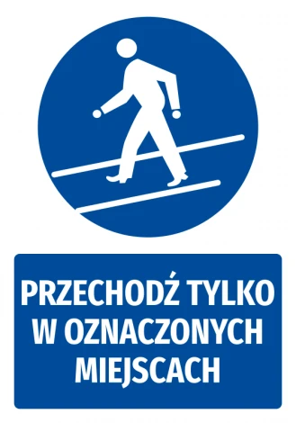 Safety sticker with the icon "Cross only at designated areas" - round design featuring a walking figure.