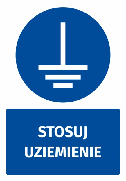 Safety sticker with grounding symbol - round blue icon featuring a vertical line and horizontal lines.