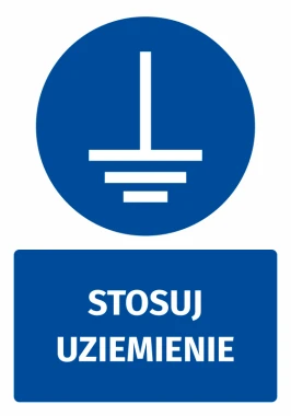 Safety sticker with grounding symbol - round blue icon featuring a vertical line and horizontal lines.