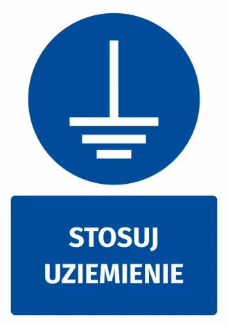 Safety sticker with grounding symbol - round blue icon featuring a vertical line and horizontal lines.