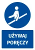 Safety sticker with a pictogram: Use handrails - round blue symbol featuring a figure holding a handrail.
