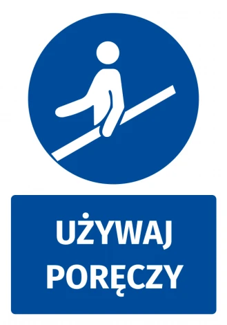 Safety sticker with a pictogram: Use handrails - round blue symbol featuring a figure holding a handrail.